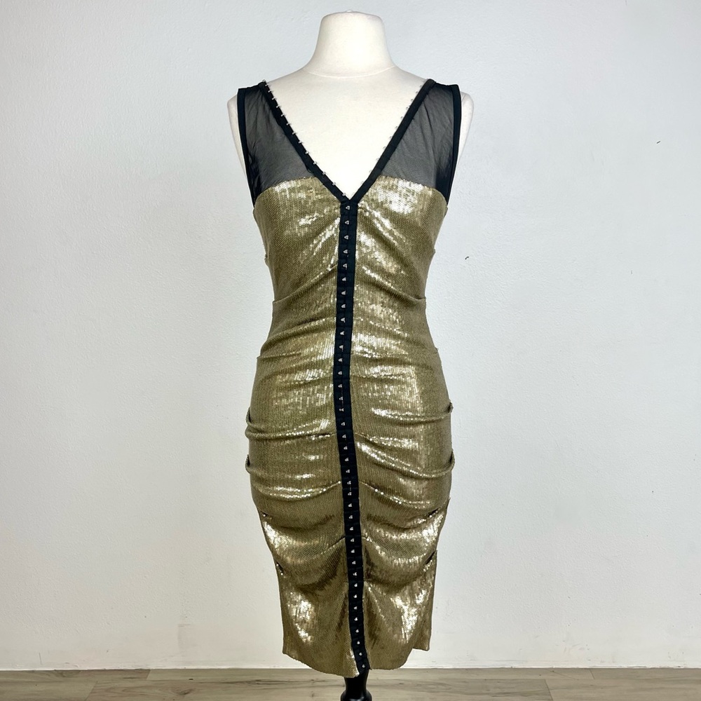 NICOLE MILLER Gold Sequin - Black Mesh Sexy Rouched MIDI Dress. Flattering! 8